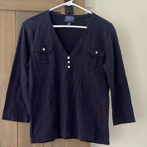 Chaps Navy Button-Front V-Neck Long Sleeve Top